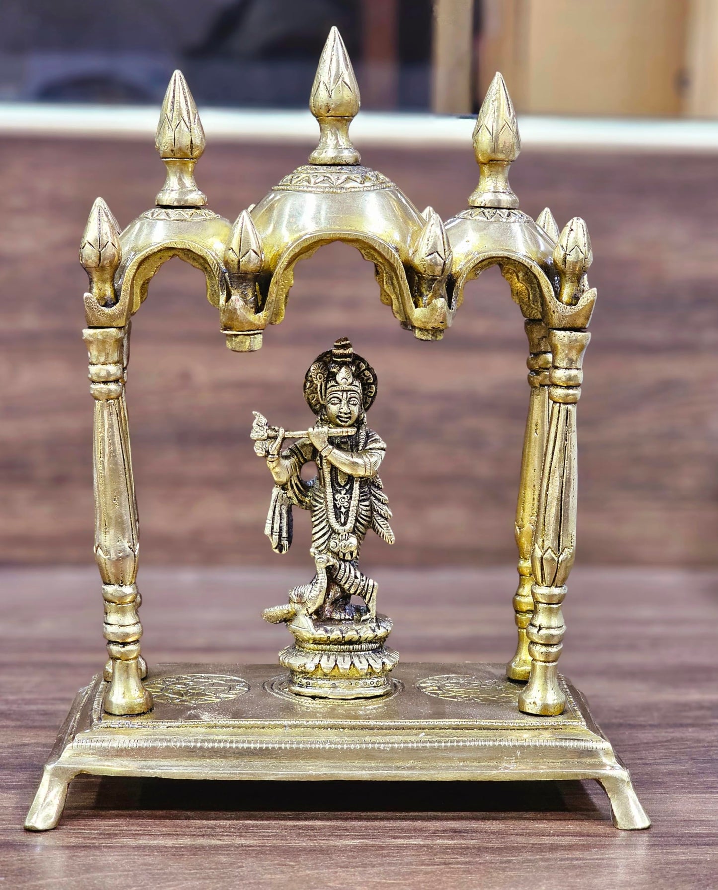 ESPLANADE - Brass 3 Domed Temple Mandir for Home - Puja Items - Home Decor - Golden - 11" Inches