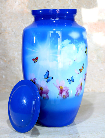 eSplanade Metal Cremation Urn Memorial Jar Pot Container | Full Size Urn for Funeral Ashes Burial | Colorful Butterflies Print | White - 10" Inches