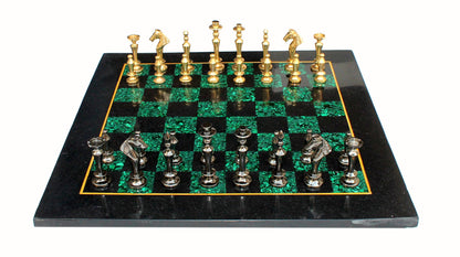 StonKraft Collectible Black Marble and Malachite Stone Chess Board Set + Brass Chess Pieces - Decorative Stone Chess - Home DŽcor - 15" Inches