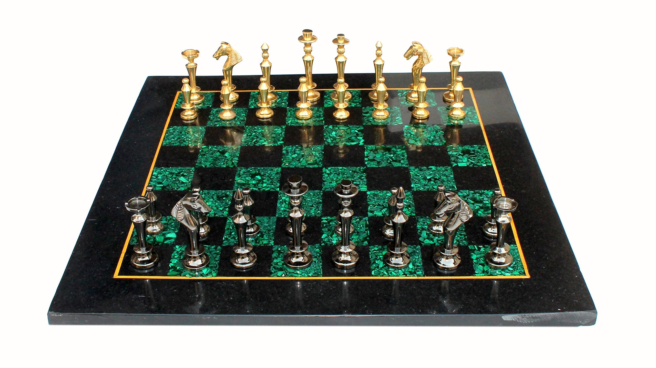 StonKraft Collectible Black Marble and Malachite Chess Board Set + Wooden Brass Combo Chess Pieces - Decorative Stone Chess - Home Decor