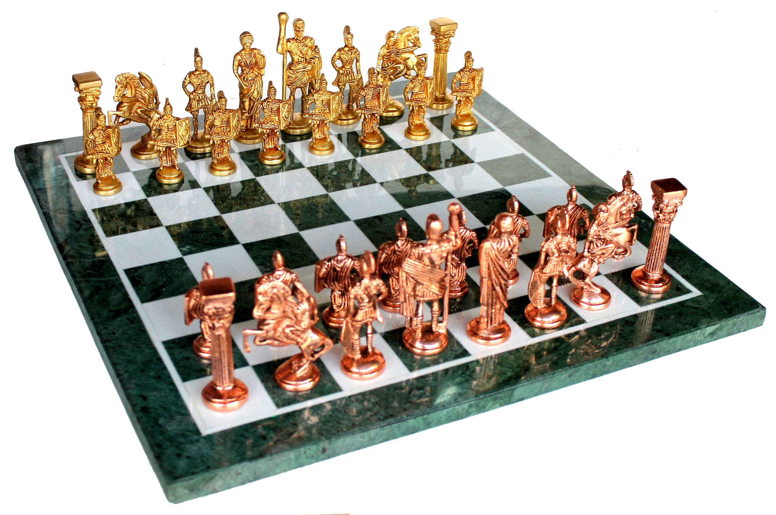 StonKraft Collectible Black Marble and Malachite Chess Board Set + Wooden Brass Combo Chess Pieces - Decorative Stone Chess - Home Decor