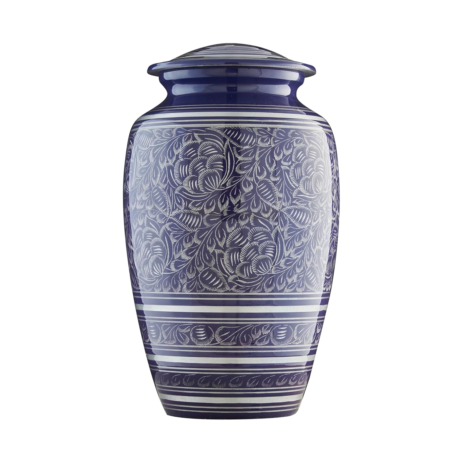 Esplanade Metal Urn for Ashes Adult Male Female – 10" Cremation Urn for Human Ashes, Full Size Large Urn, Engraved Geometric Floral Blue Colour, Funeral Vase with Velvet Bag - for 80kg Adult
