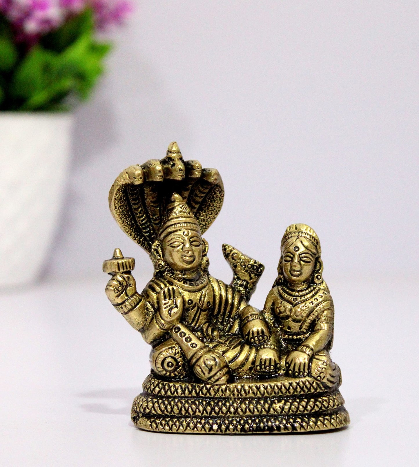 eSplanade Brass Lord Vishnu Laxmi in Ksheer Sagar - Lakshmi Narayan - Murti Idol Statue Sculpture - Golden - 3.1" Inches