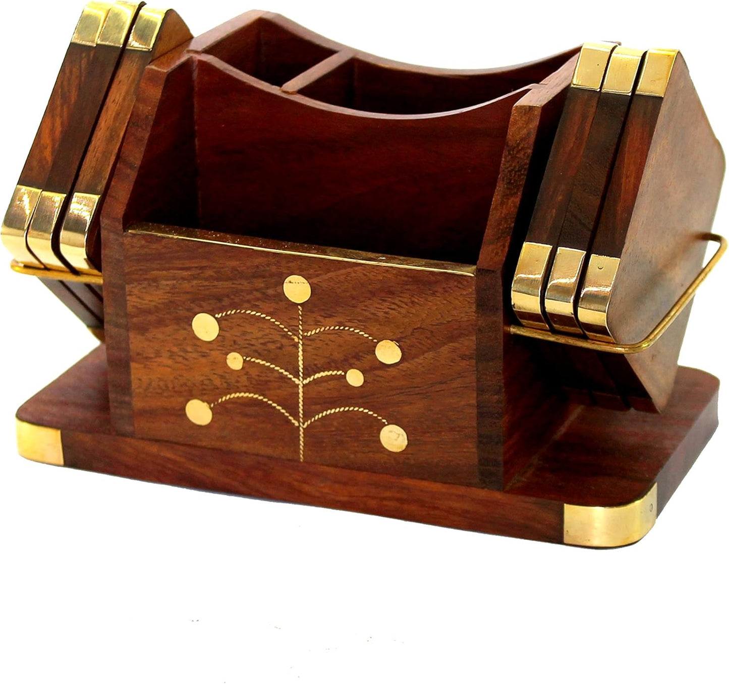 Stonkraft Wooden Rosewood Desk Organizer, Coasters Set, Pen Stand, Business Card Holder with Brass Work (Office Table Accessories)