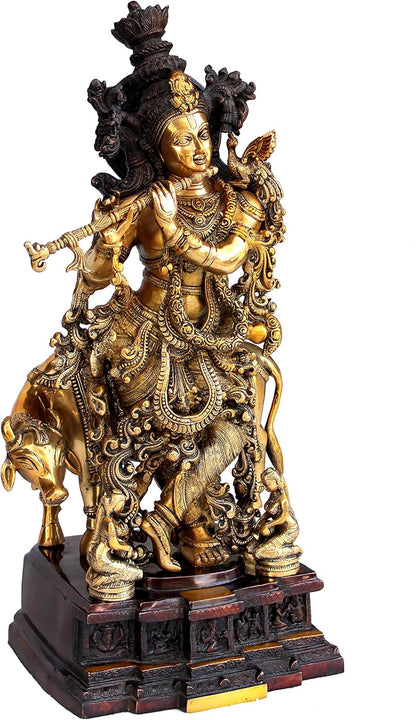 eSplanade Brass Krishna with Cow, Gopal, Kishan Thakurji Murti Idol Statue Sculpture or Pooja Idols for Home Decor (Very Big Size' 31" inches)