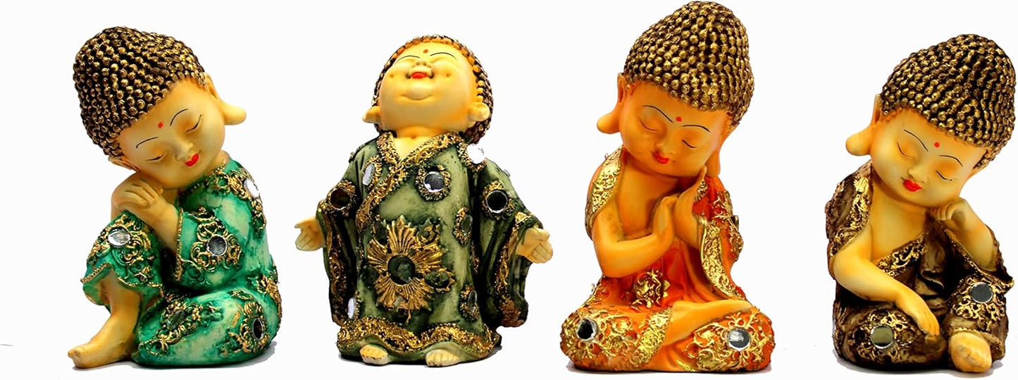 eSplanade Smiling Happy Baby Buddha Monk Statues | Feng Shui Monk Figurine Showpieces - Set of 4 | Home Decor | Resin - 7" Inches - Multi