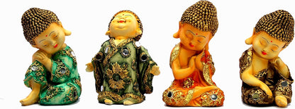 eSplanade Smiling Happy Baby Buddha Monk Statues | Feng Shui Monk Figurine Showpieces - Set of 4 | Home Decor | Resin - 7" Inches - Multi