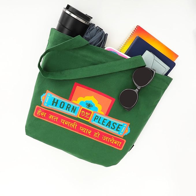 SKAPADORO Canvas Big Zip Printed Handbag Tote,100% Cotton, Inner pocket, Ecofriendly Bag for Women, Travel College Beach Shopping, Easy to Wash Everyday Shoulder Bag - Quirky Desi Graphic Designs