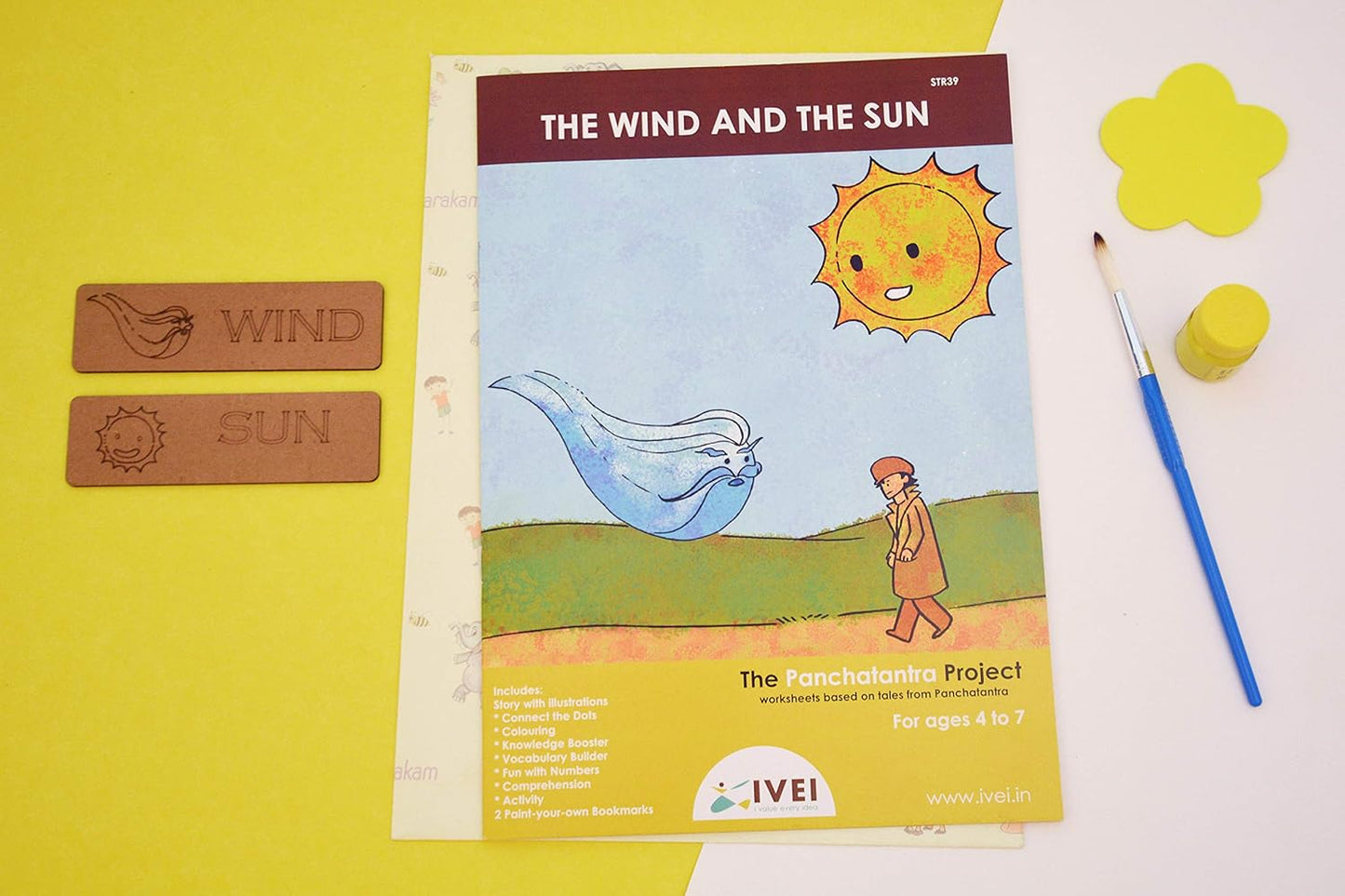 IVEI Panchatantra Story Kids Learning Book - Workbook and 2 DIY Bookmarks - Colouring Activity Worksheets - Creative Fun Activity and Education for Kids - The Wind and The Sun ( Age 4 to 7 Years )