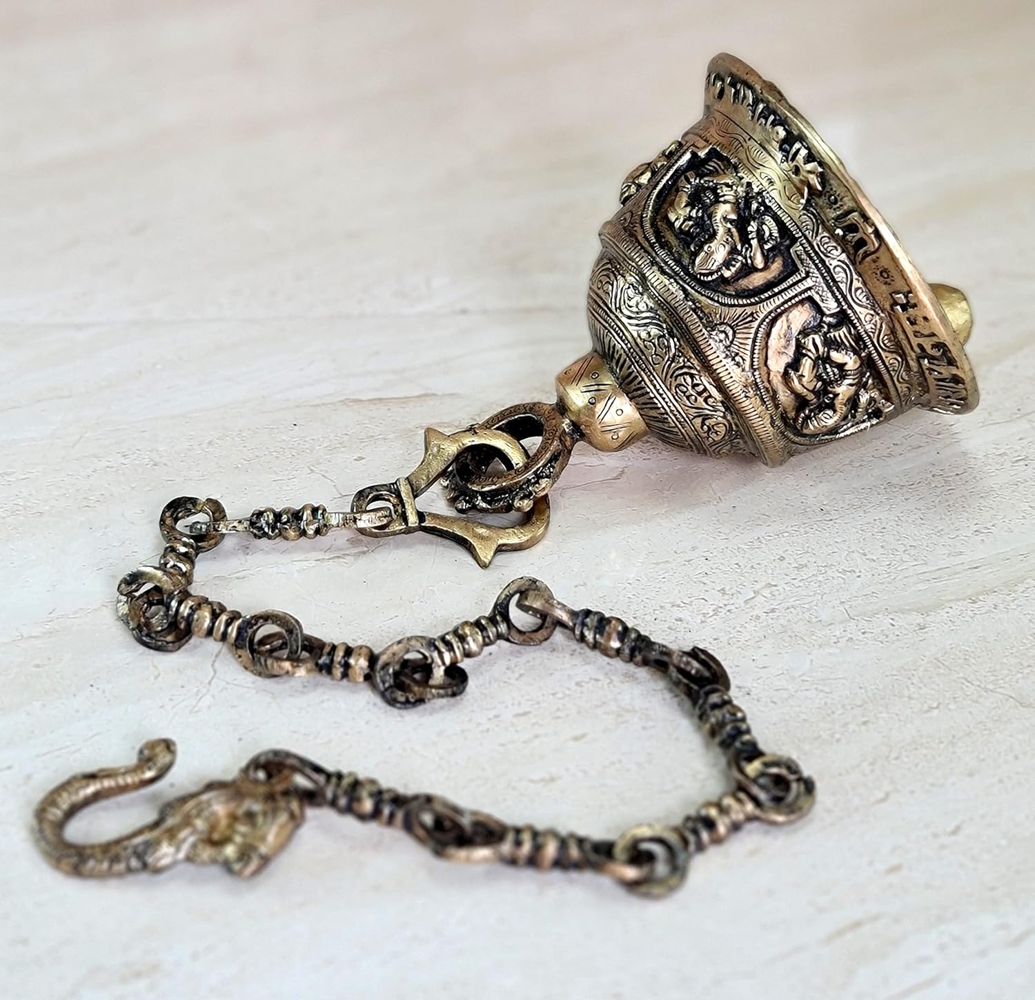 Ethnic Brass Ganesha Ganesh Temple Bell with Chain | Brass Hanging Bell | Home Decor | Pooja Accessories