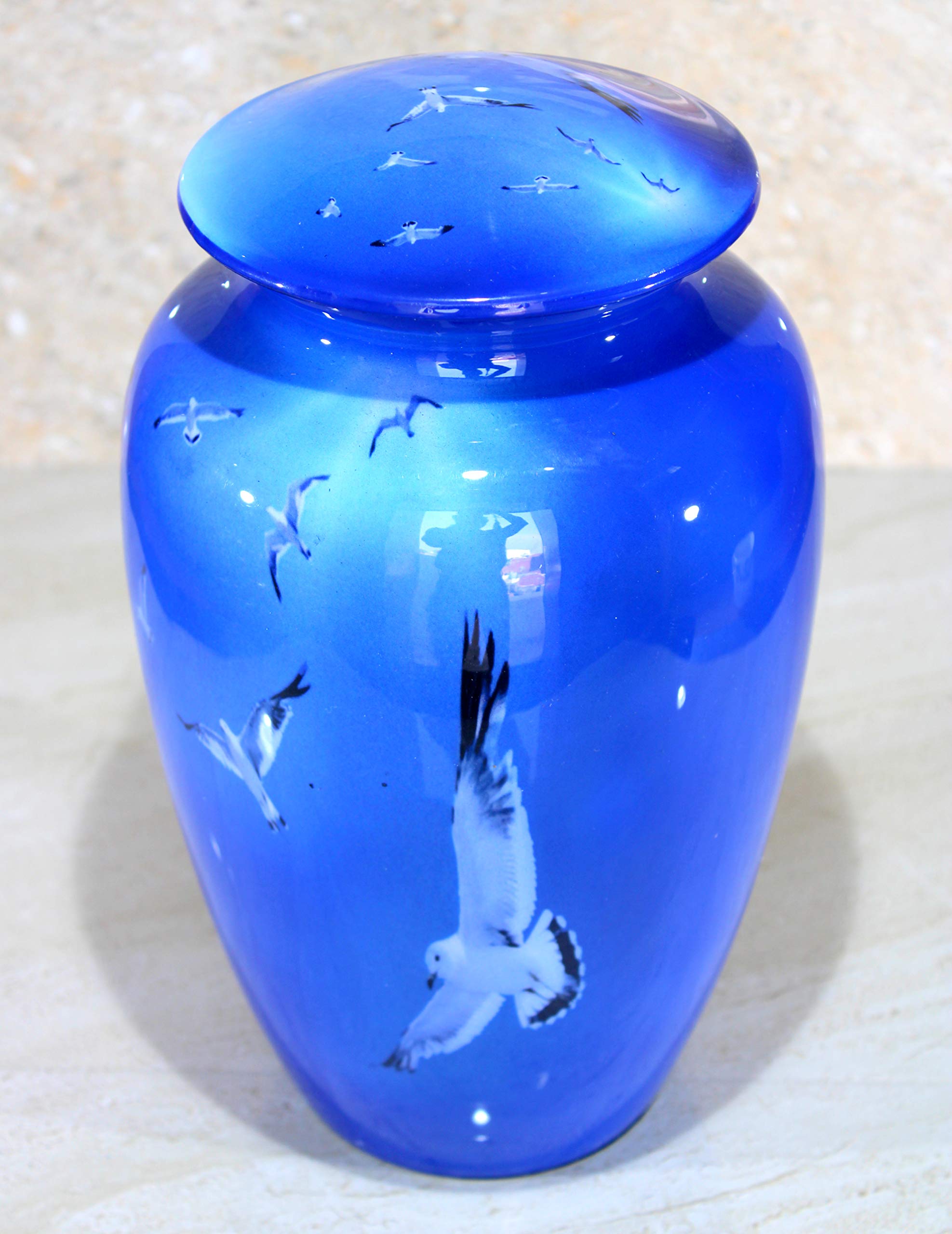 eSplanade Metal Cremation Urn Memorial Jar Pot Container | Full Size Urn for Funeral Ashes Burial | Falcon Printed Urn , Seagull Printed Urn ,White Pigeon Print   | Blue - 10" Inches