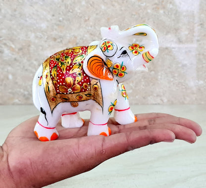 eSplanade Marble Elephant Family - Set of 2 - Sculpture Showpiece Figurines - Home Decor - White Multi - 5" Inches