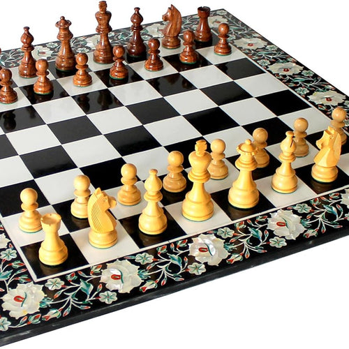 StonKraft Collectible Black & White Marble Stone Chess Board Set + Wood Crafted Pieces - Coffee Table Centre Table Top Without Stand - Pietra Dura Inlay Work - 24