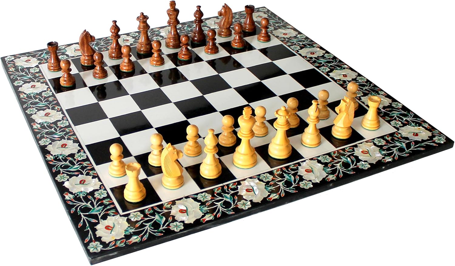 StonKraft Collectible Black & White Marble Stone Chess Board Set + Wood Crafted Pieces - Coffee Table Centre Table Top Without Stand - Pietra Dura Inlay Work - 24" Inches