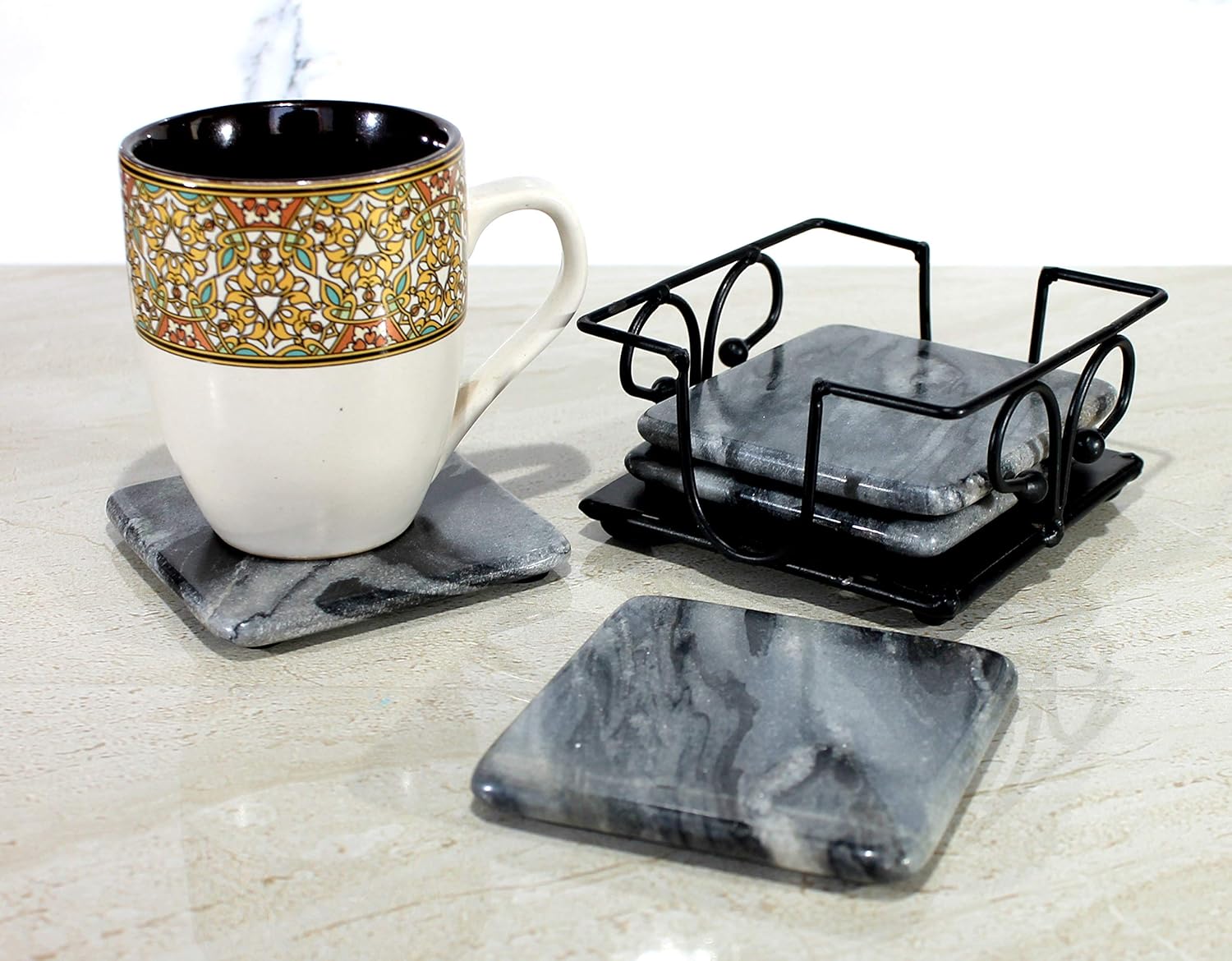 KLEO Sand Stone Tea Coffee Coasters Coaster Set Coasters with Wrought Iron Holder (Square) (Sand Colour)