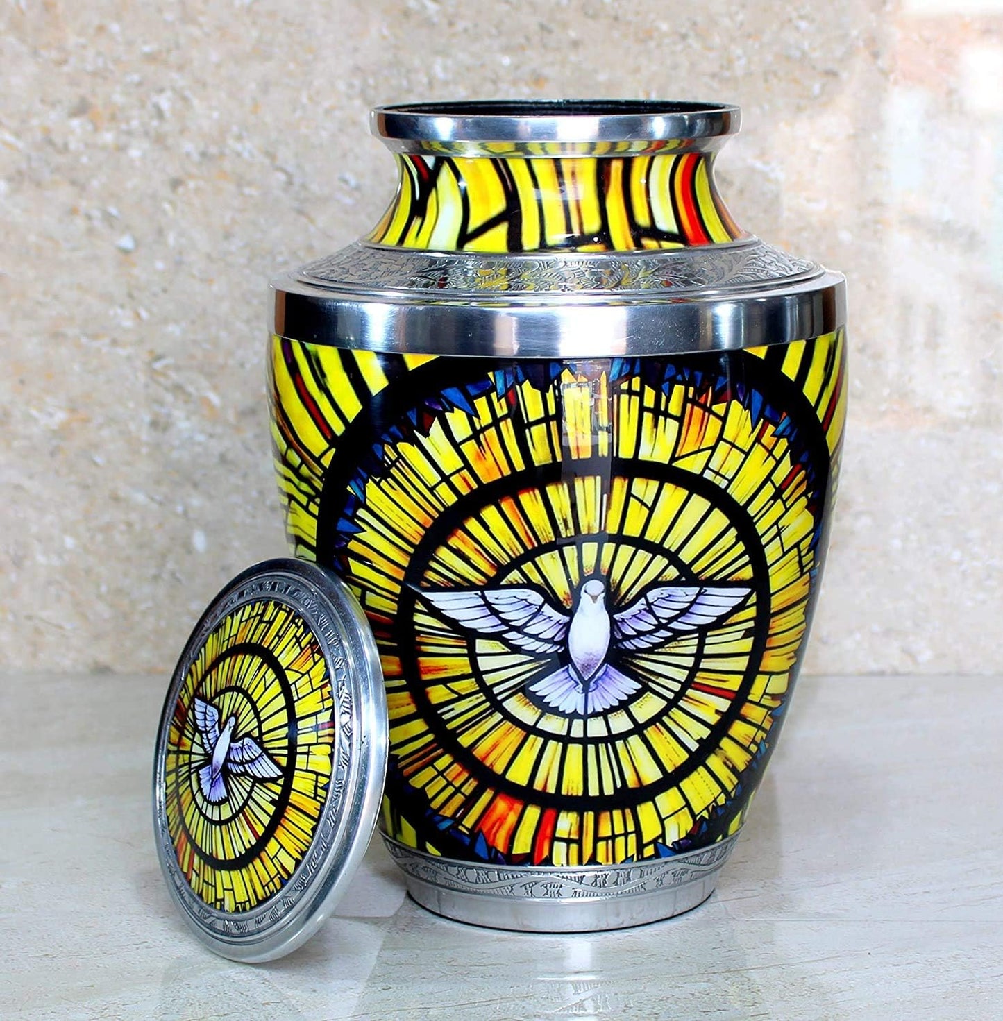 eSplanade Metal Cremation Urn Memorial Jar Pot Container | Full Size Urn for Funeral Ashes Burial | White Pigeon Print | Yellow-Multi - 10" Inches