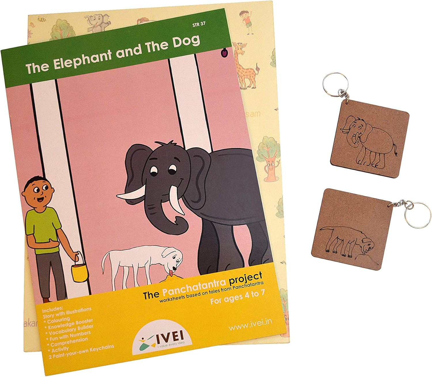 IVEI Panchatantra Story Kids Learning Book - Workbook and 2 DIY keychains - Colouring Activity Worksheets - Creative Fun Activity and Education For Kids - The Elephant and the Dog ( Age 4 to 7 Years )