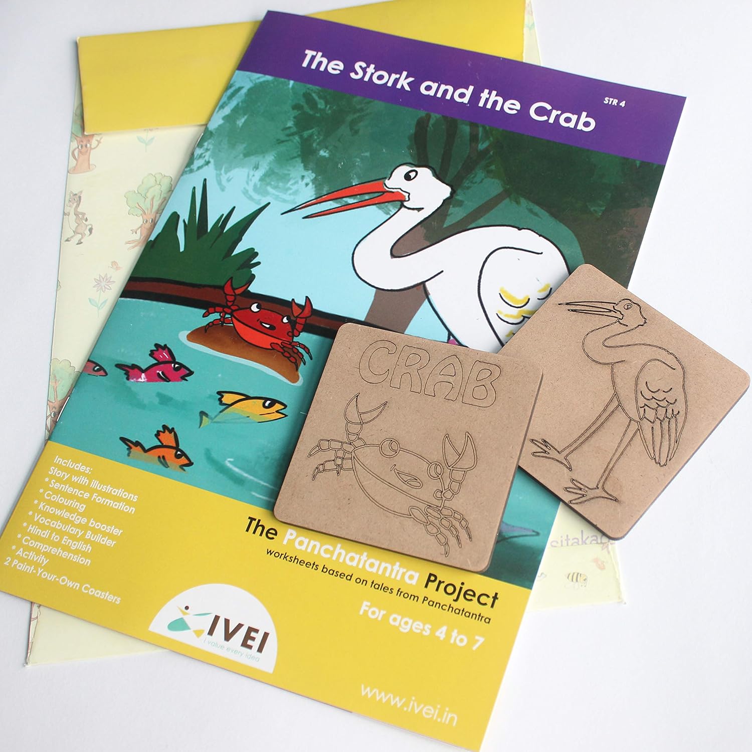 IVEI Panchatantra Kids Learning Book - Workbook and 2 DIY coasters of Panchatantra Story - Colouring Activity Worksheets - Creative Fun Activity and Education For Kids - The Stork and the Crab ( Age 4 to 7 Years )