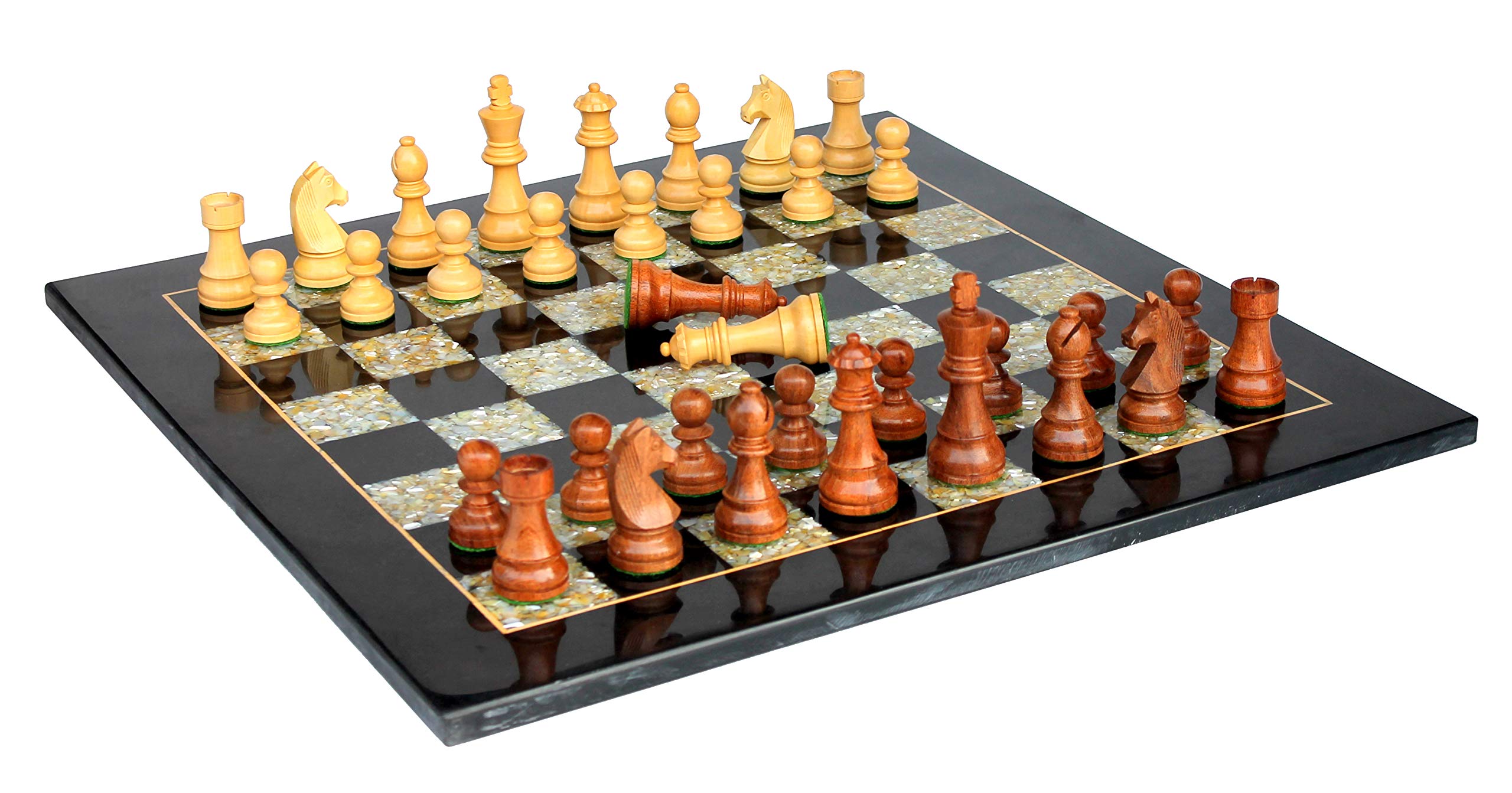StonKraft Collectible Black Marble and (MOP) Mother of Pearl Chess Board Set with Wooden Chess Pieces (2 Extra Queens) - Home DŽcor - 21" Inches