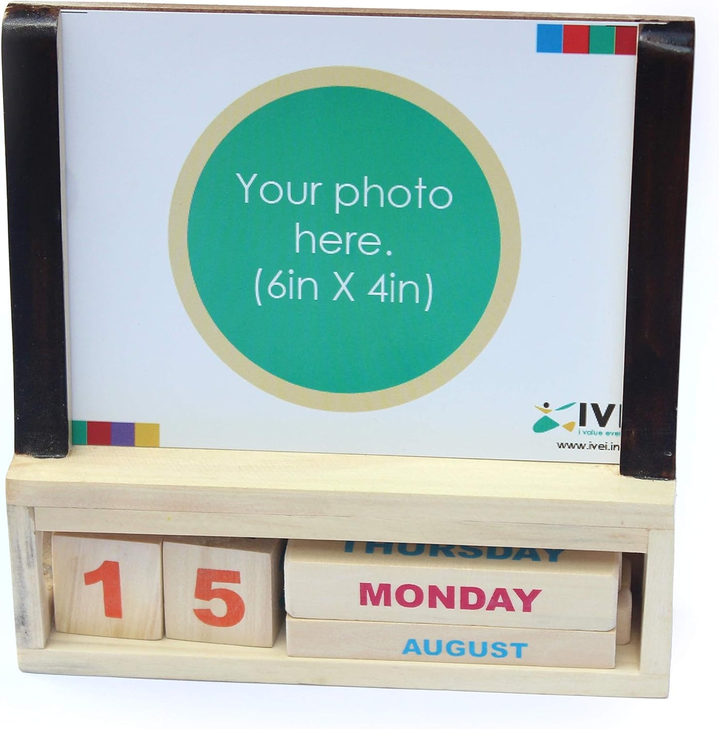 IVEI Wooden Desk Calendar with Photo Frame - Utility Desk Calendar - Wooden Perpetual Calendar Set for Desk Decor, Study Room- Endless Calendar with Photo Frame for Office, School, Home - Brown Finish