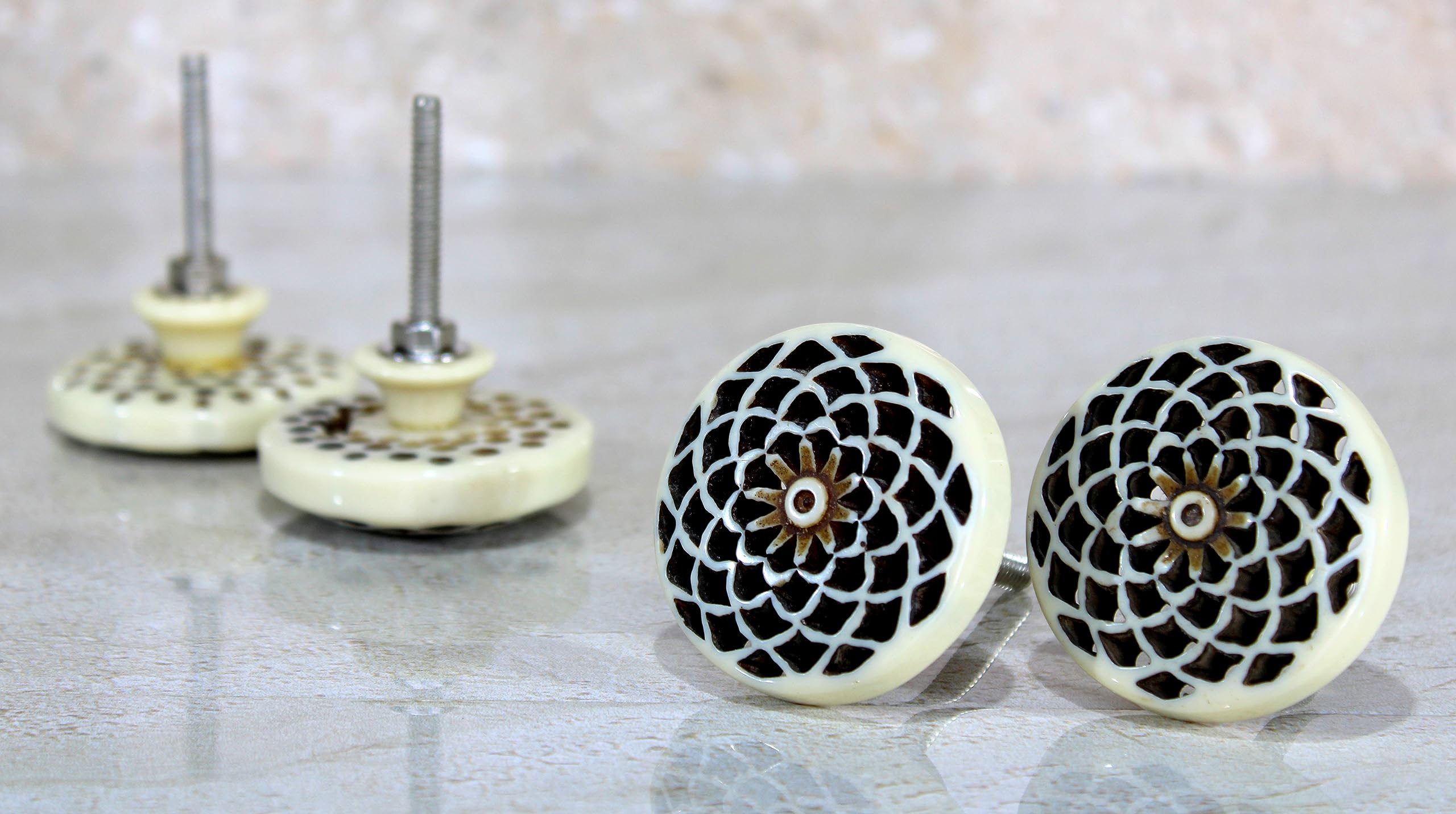 eSplanade Cupboard Cabinet Door Decorative Knobs - Set of 4 | Drawer Handles Cupboard Pulls Almirah Hooks | Round-Floral - Acrylic Plastic - Diameter 4 cms - White-Black (Floral Knob 1-12)