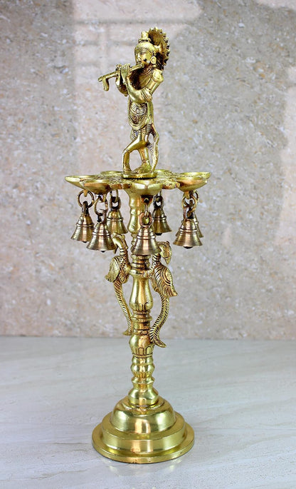 Brass Krishna Oil Lamp | Home Decor | Brass Diya Deepam Lamps | Kuthu Vilakku | Lamps for Home and Office - 16.5" Inches - Big Size