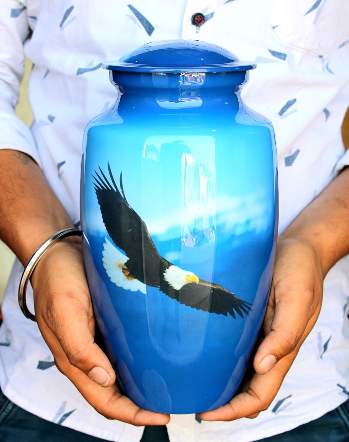 eSplanade Metal Cremation Urn Memorial Jar Pot Container | Full Size Urn for Funeral Ashes Burial | Falcon Printed Urn , Seagull Printed Urn ,White Pigeon Print   | Blue - 10" Inches