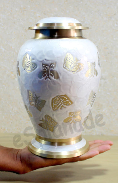 eSplanade White Brass Cremation Urn Memorials Container Jar Pot | Brass Urns | Metal Urn | Burial Urn | Memorial Urn (Full Size Butterfly)