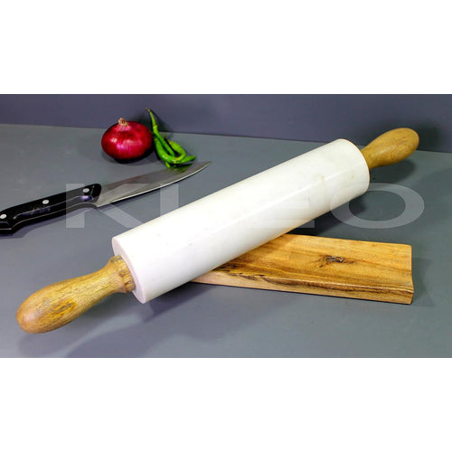 KLEO Natural White Marble 18 inches Rolling Pin with Wooden Handles and Cradle
