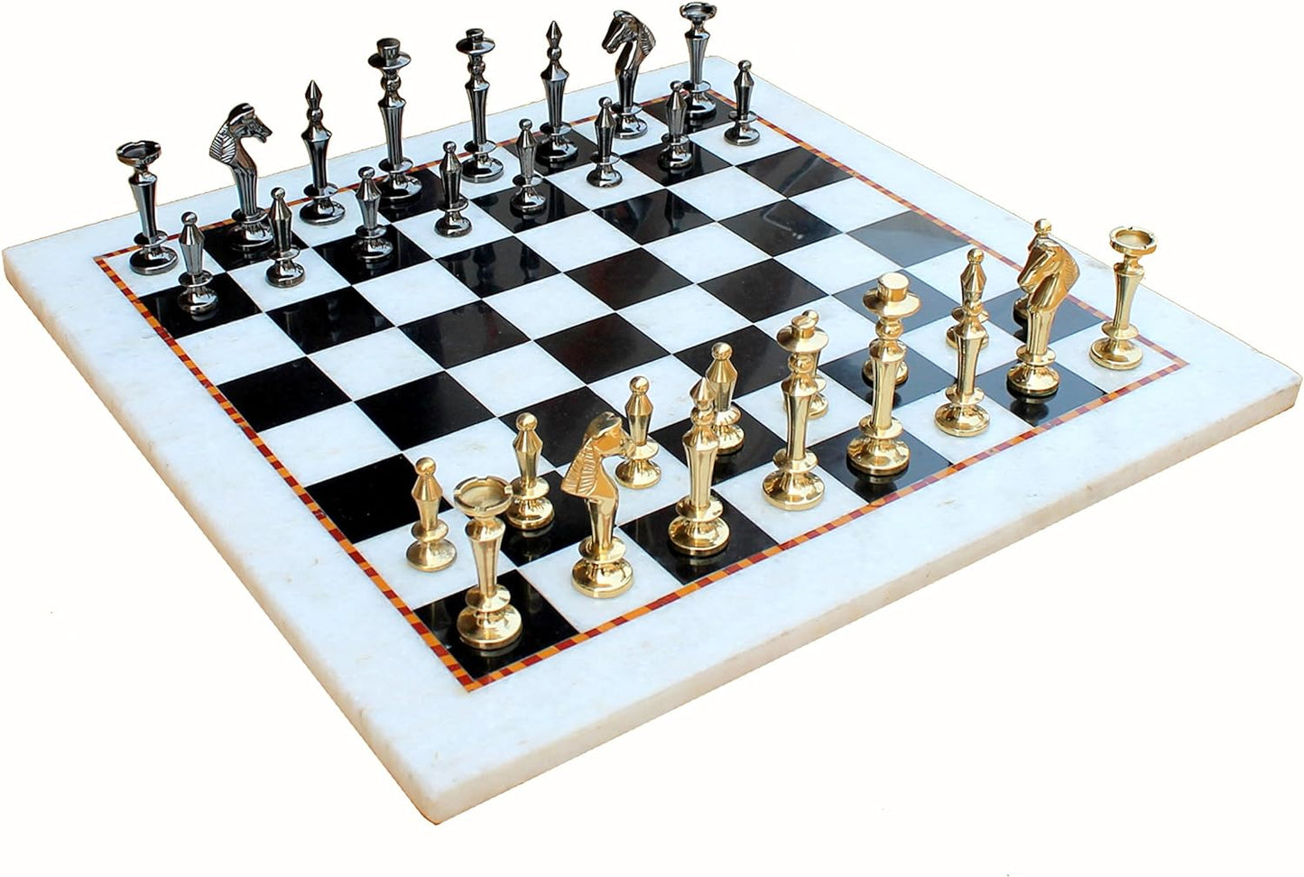 StonKraft Collectible White & Black Marble Chess Board Set + Brass Chess Pieces Pawns - Decorative Stone Chess - Home DŽcor - 15" Inches