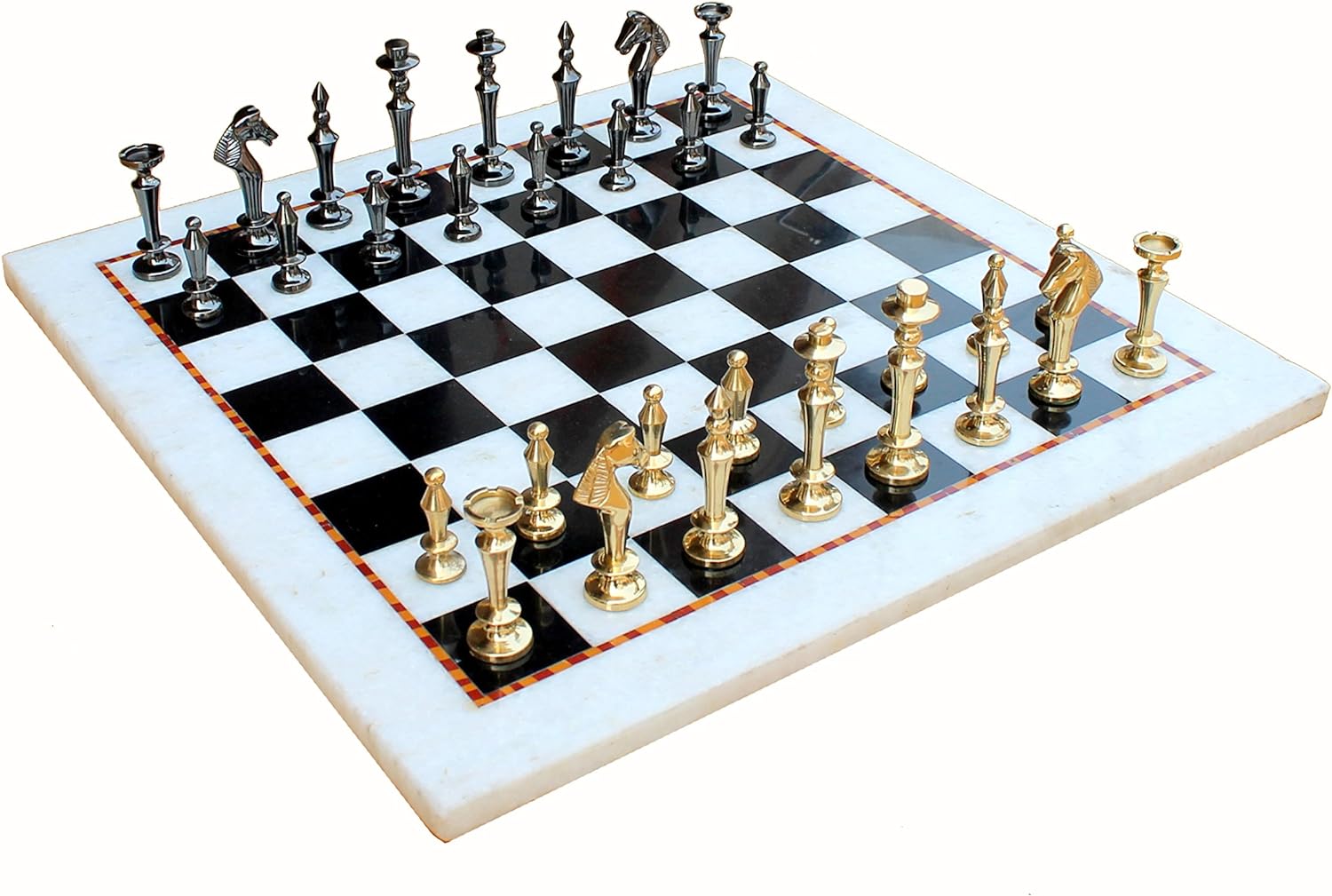 StonKraft Collectible White & Black Marble Chess Board Set + Brass Chess Pieces Pawns - Decorative Stone Chess - Home Decor - 15" Inches