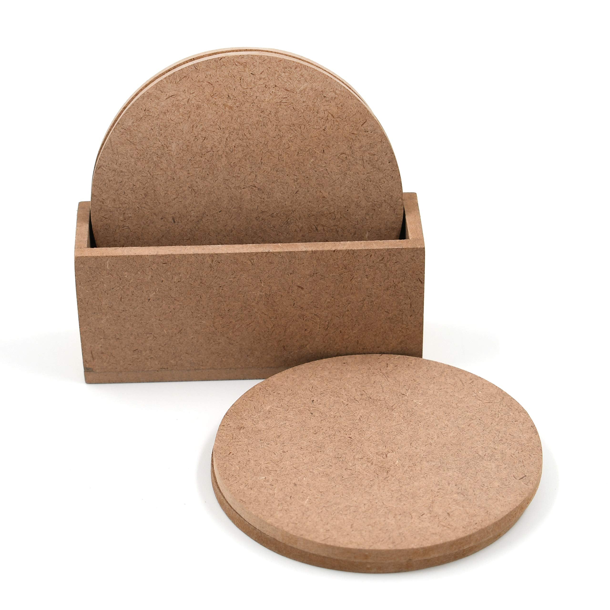 IVEI MDF DIY Round Coasters with Vertical Holder - MDF Plain Wooden Coasters & Holder Blank Cutouts for Painting Wooden Sheet Craft, Decoupage, Resin Art Work & Decoration - Set of 4 (3.5in X 3.5in)