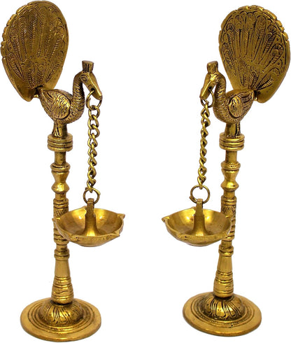 eSplanade Brass Peacock Diya Pair Oil Lamp Diya Deepam Kuthu Vilakku (Set of 2) for Temple Home | Pooja Articles - Home Decor | Golden - 9" Inches