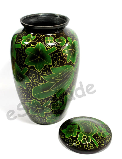 eSplanade Metal Cremation Urn Memorial Jar Pot Container | Full Size Urn for Funeral Ashes Burial | Maple Leaf Print | Green - 10" Inches