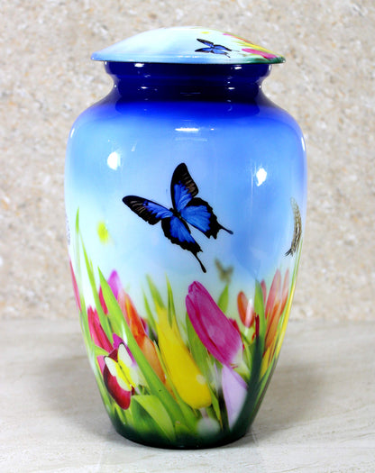 eSplanade Metal Cremation Urn Memorial Jar Pot Container | Full Size Urn for Funeral Ashes Burial | Colorful Butterflies Print | White - 10" Inches