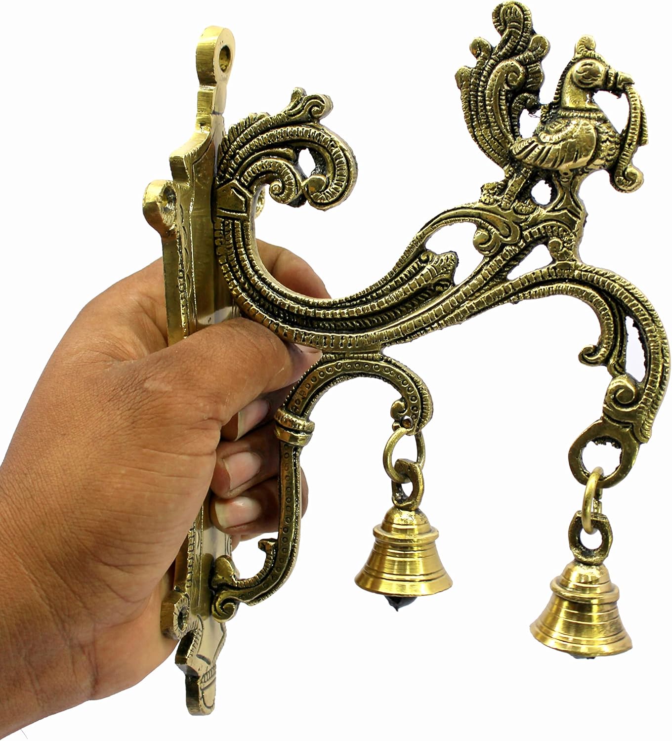 eSplanade Brass Wall Bracket Wall Hanger for Hanging Diya Lamp | Wall Decor | Peacock with Bells - 8.5" Inches