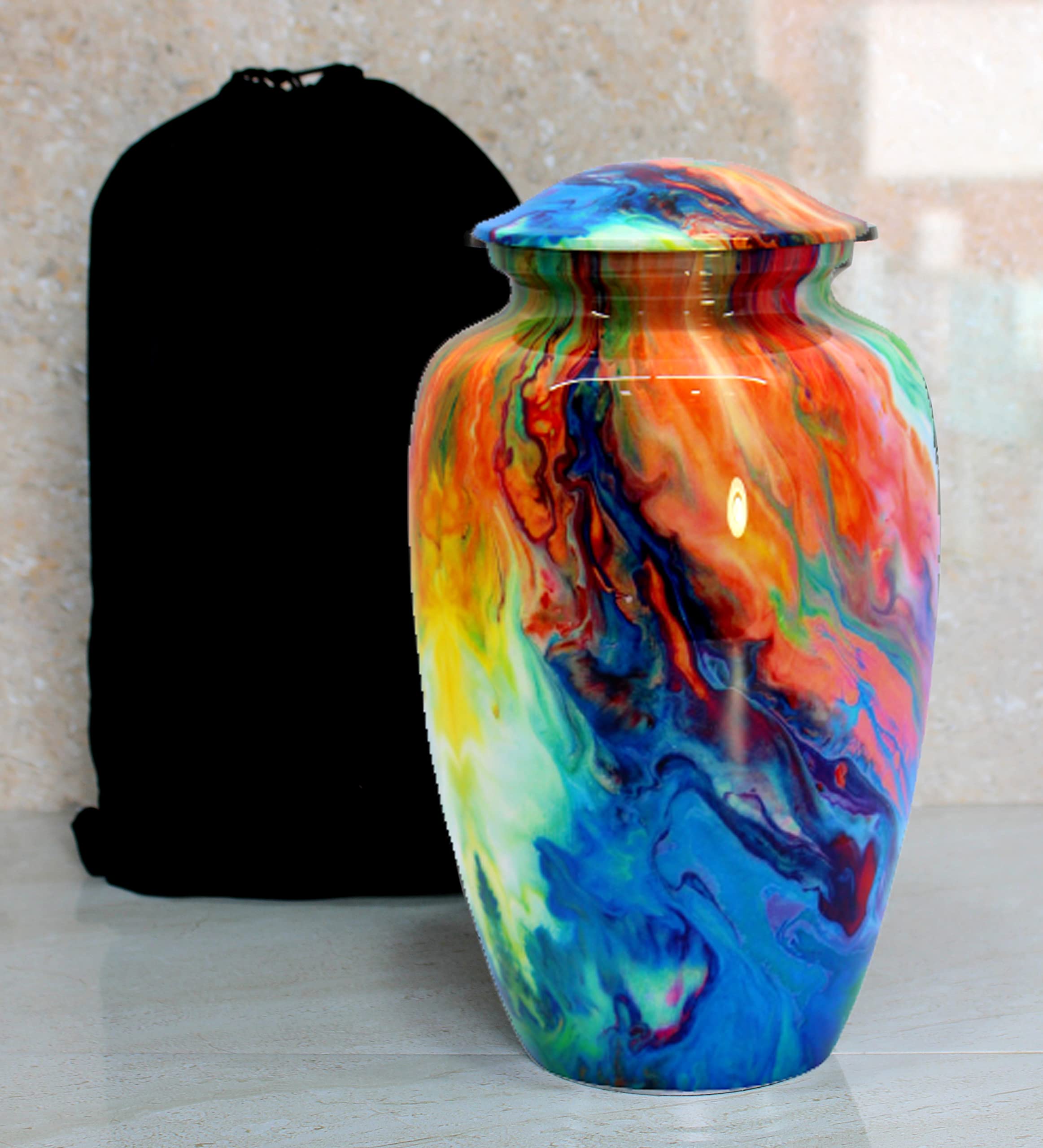 eSplanade Metal Cremation Urn Memorial Jar Pot Container | Full Size Urn for Funeral Ashes Burial | Flowers Printed Urn | Blue, Brown, Multicolor - 10" Inches