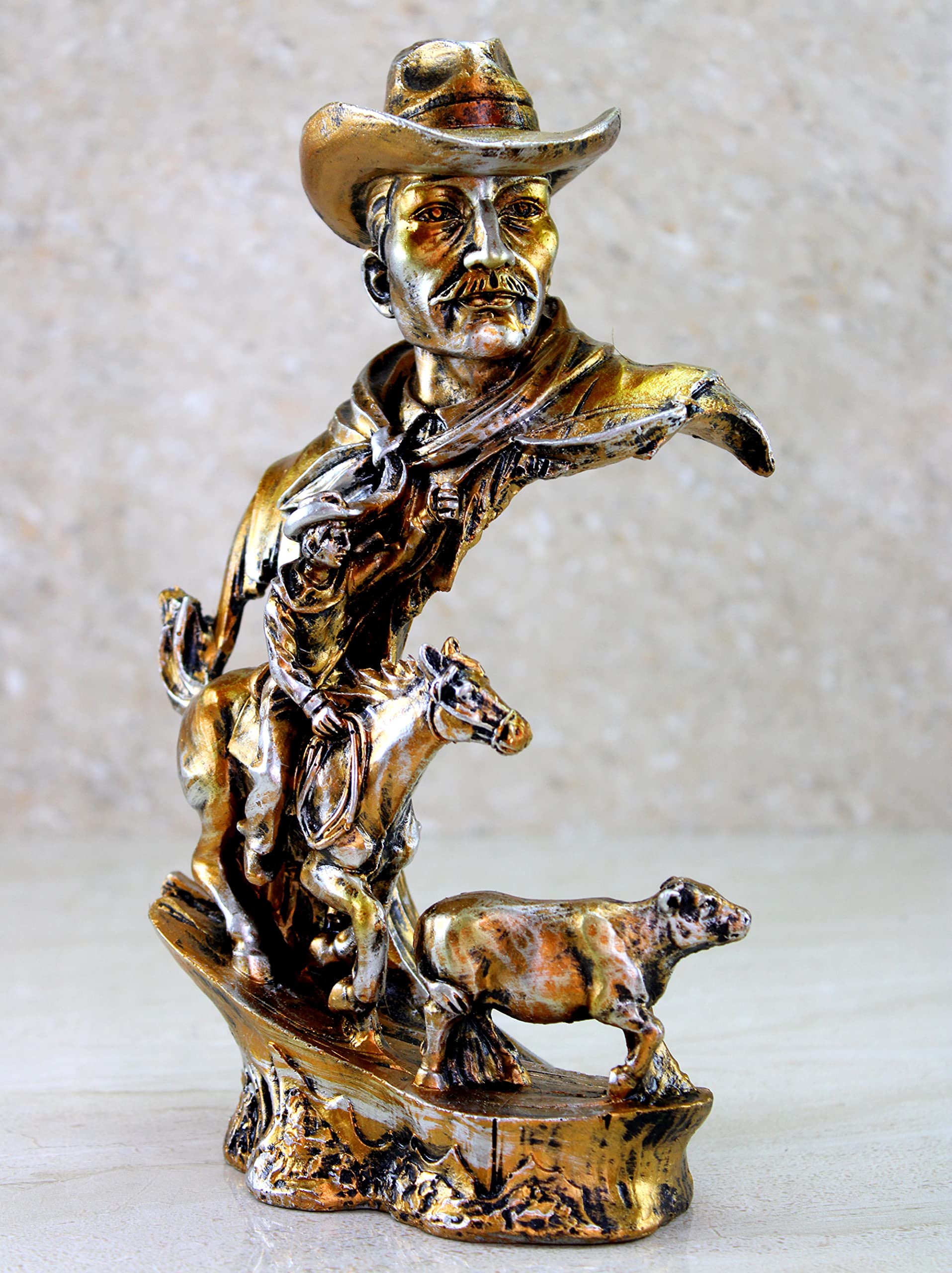 eSplanade Resin Cowboys with Horse, Cow Decorative Sculpture Showpiece Figurine - Home Decor - Grey Brown & Golden Brown- 9" Inches (Height)