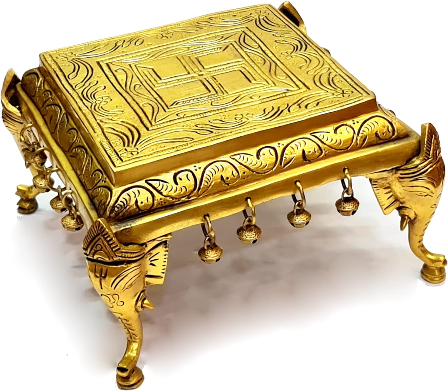 eSplanade Decorative Brass Mandir Chowki with Elephant Pillars & Ghungroo | Pooja God Stool (9" x 9" Inches)