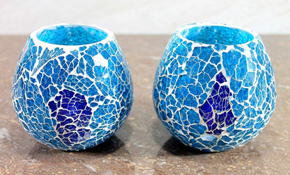 eSplanade Tealight Tea light Votive Candle Holders Votive - Blue Glass (Set of 2)