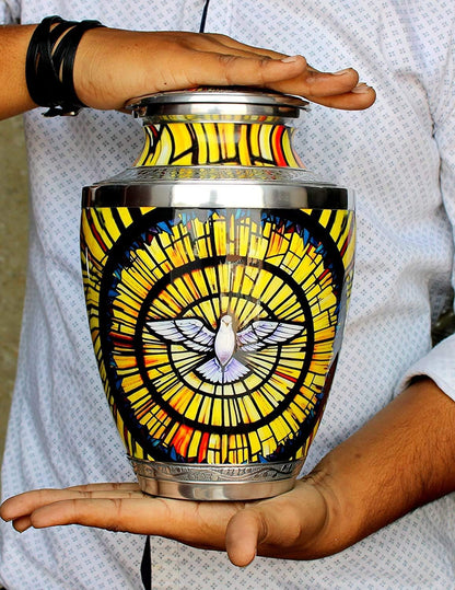 eSplanade Metal Cremation Urn Memorial Jar Pot Container | Full Size Urn for Funeral Ashes Burial | White Pigeon Print | Yellow-Multi - 10" Inches