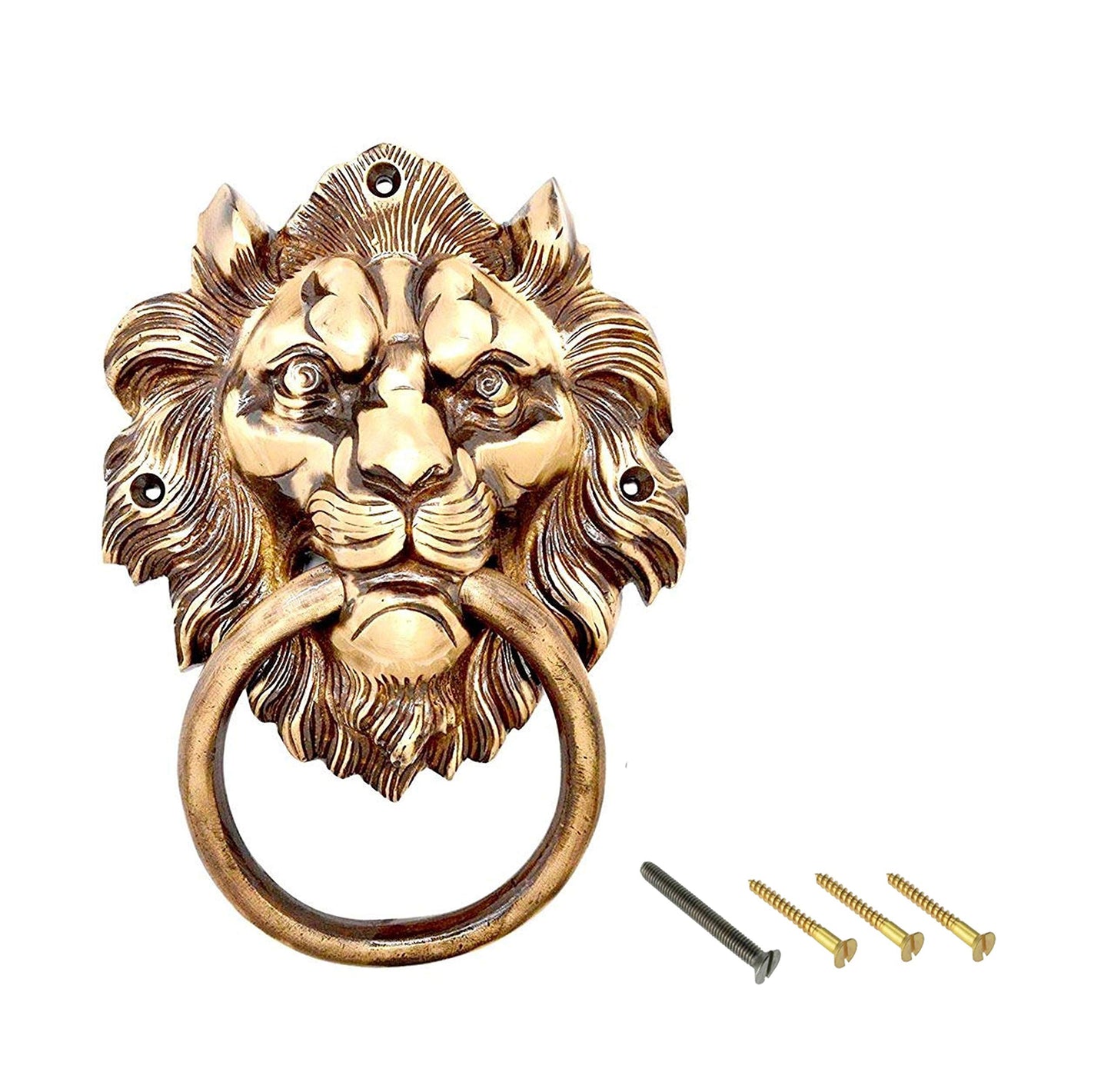 eSplanade Brass Lion Face Mouth Door Knocker, Door Accessories, Gate Knocker (5.5" Design 3)