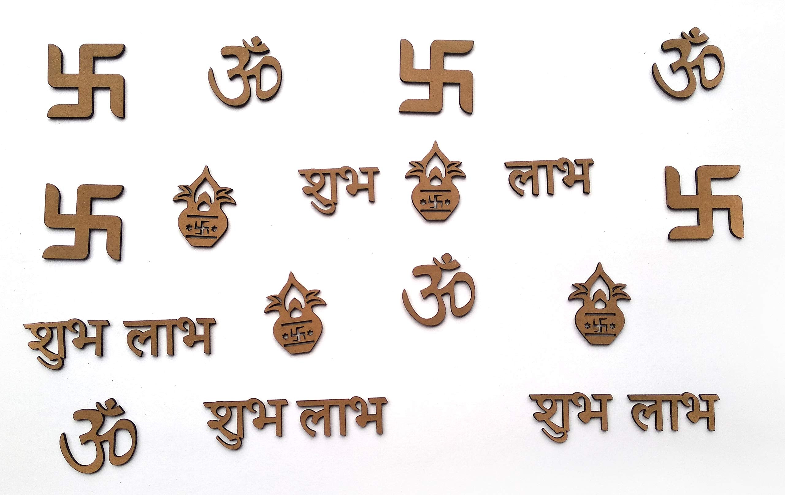 IVEI DIY MDF Cutouts of Sathiya, Shubh, Labh, Kalash, Om for Diwali & Festivals - Plain MDF Blanks Cutouts (Small) for Painting Wooden Sheet Craft, Decoupage, Resin Artwork & Decoration - Set of 20