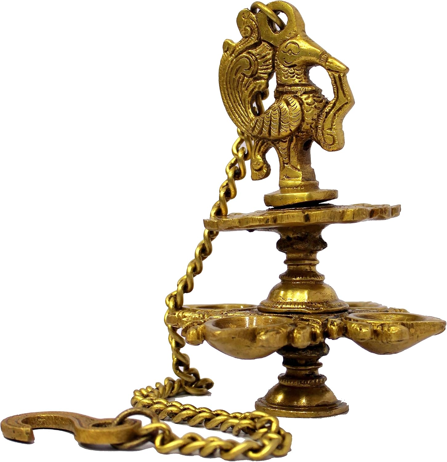 eSplanade Brass Peacock Design 4 Oil Wick Diya Deepam Kuthu Vilakku Oil Lamp for Temple Home | Pooja Articles - Home Decor | Golden - 6" Inches