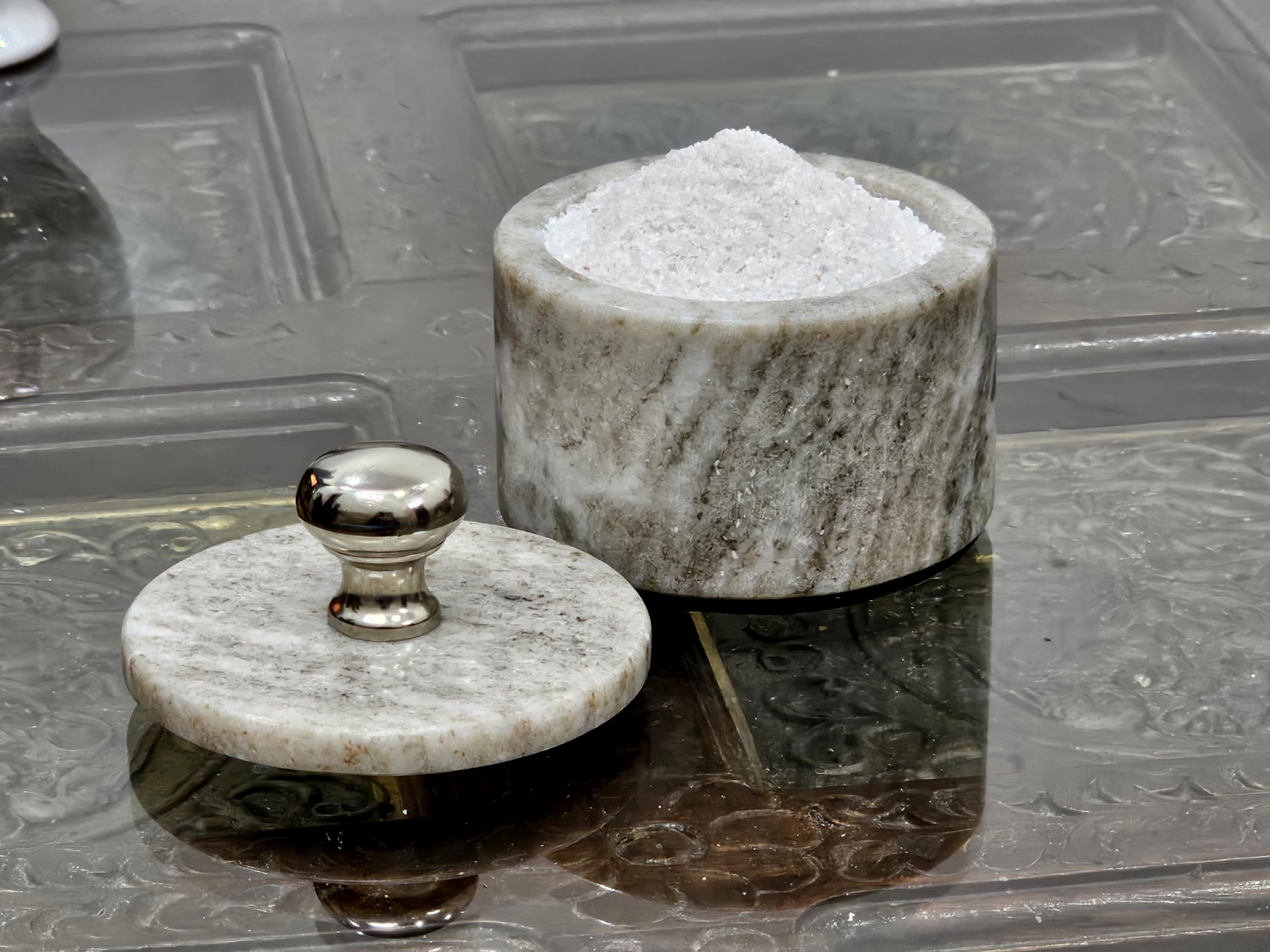 KLEO Marble Salt and Spice Holder with Lid | Small Container | Stone Salt Box/Canister for Kitchen and Dining | Saunf Holder (Beige)