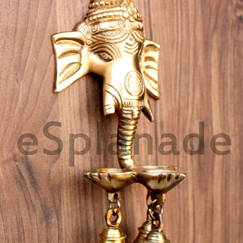 eSplanade Brass Ganesha Ganesh Ganpati Wall Hanging Deepak with Bells | Brass Diya | 9.5