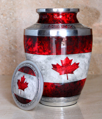 eSplanade Metal Cremation Urn Memorial Jar Pot Container | Full Size Urn for Funeral Ashes Burial | Maple Leaf Print | White-Red - 10" Inches