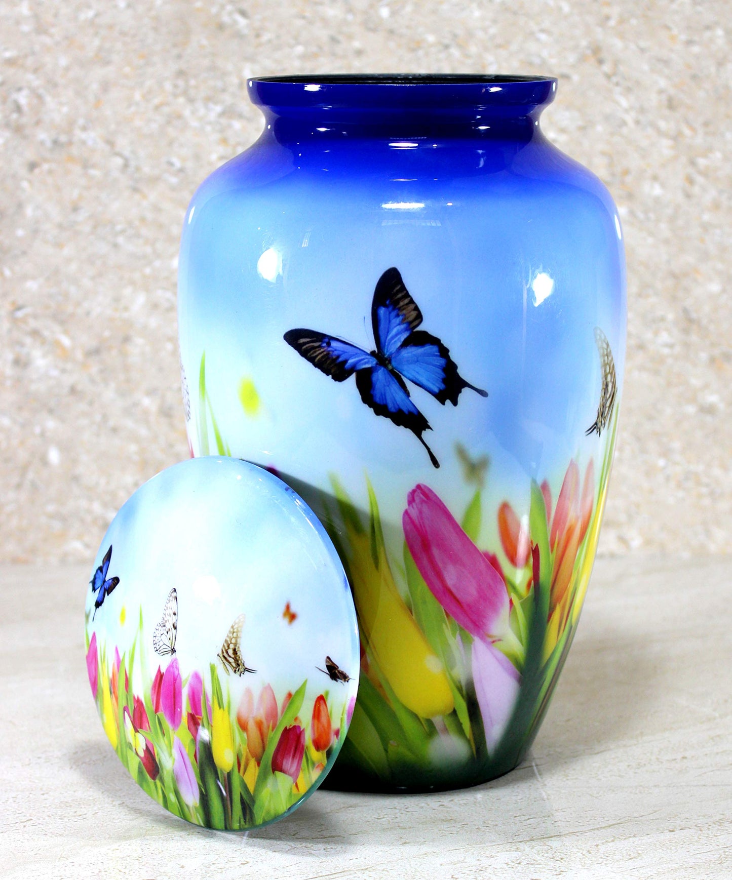 eSplanade Metal Cremation Urn Memorial Jar Pot Container | Full Size Urn for Funeral Ashes Burial | Colorful Butterflies Print | White - 10" Inches