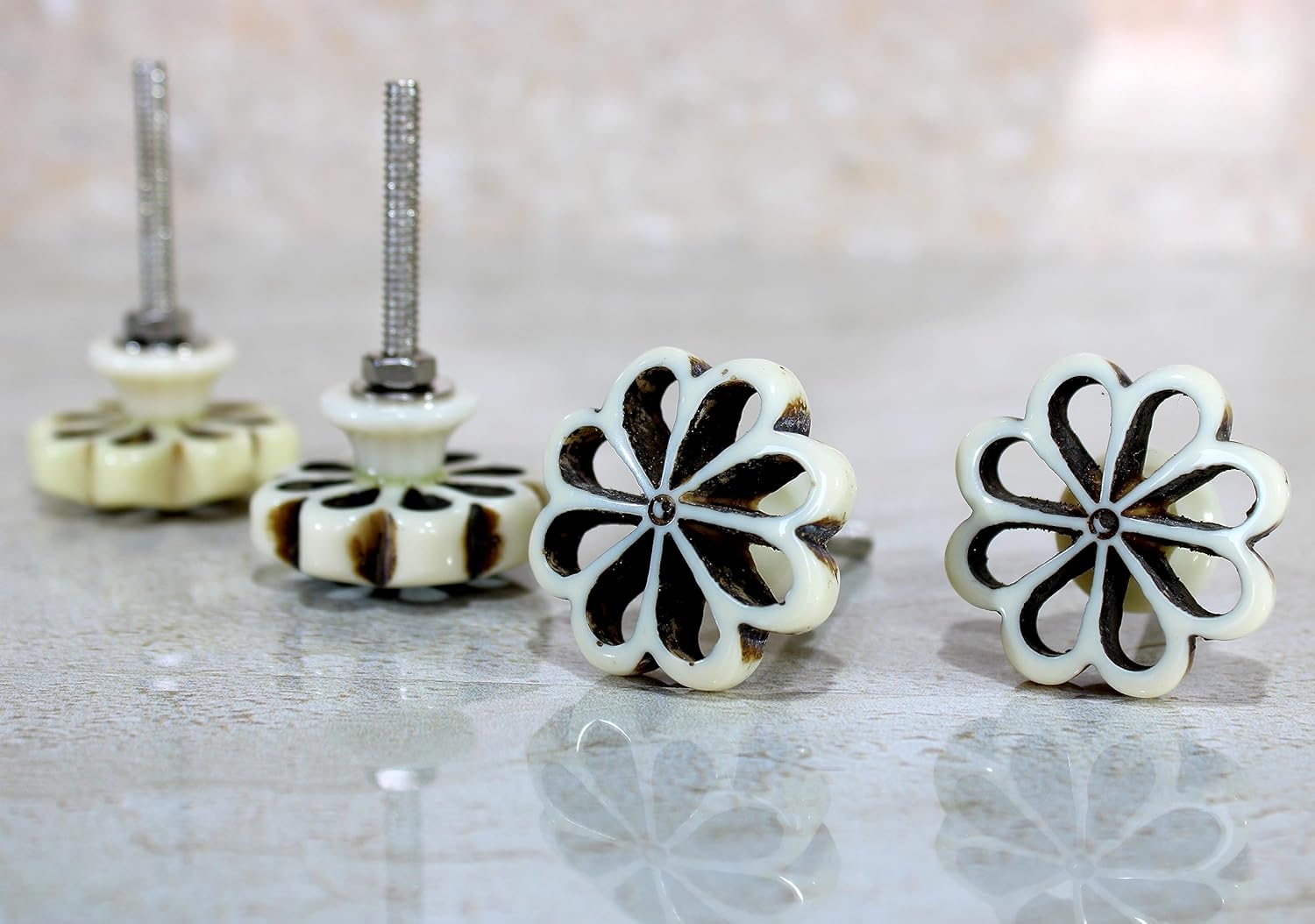 eSplanade Cupboard Cabinet Door Decorative Knobs - Set of 4 | Drawer Handles Cupboard Pulls Almirah Hooks | Round-Floral - Acrylic Plastic - Diameter 4 cms - White-Black (Floral Knob 1-12)