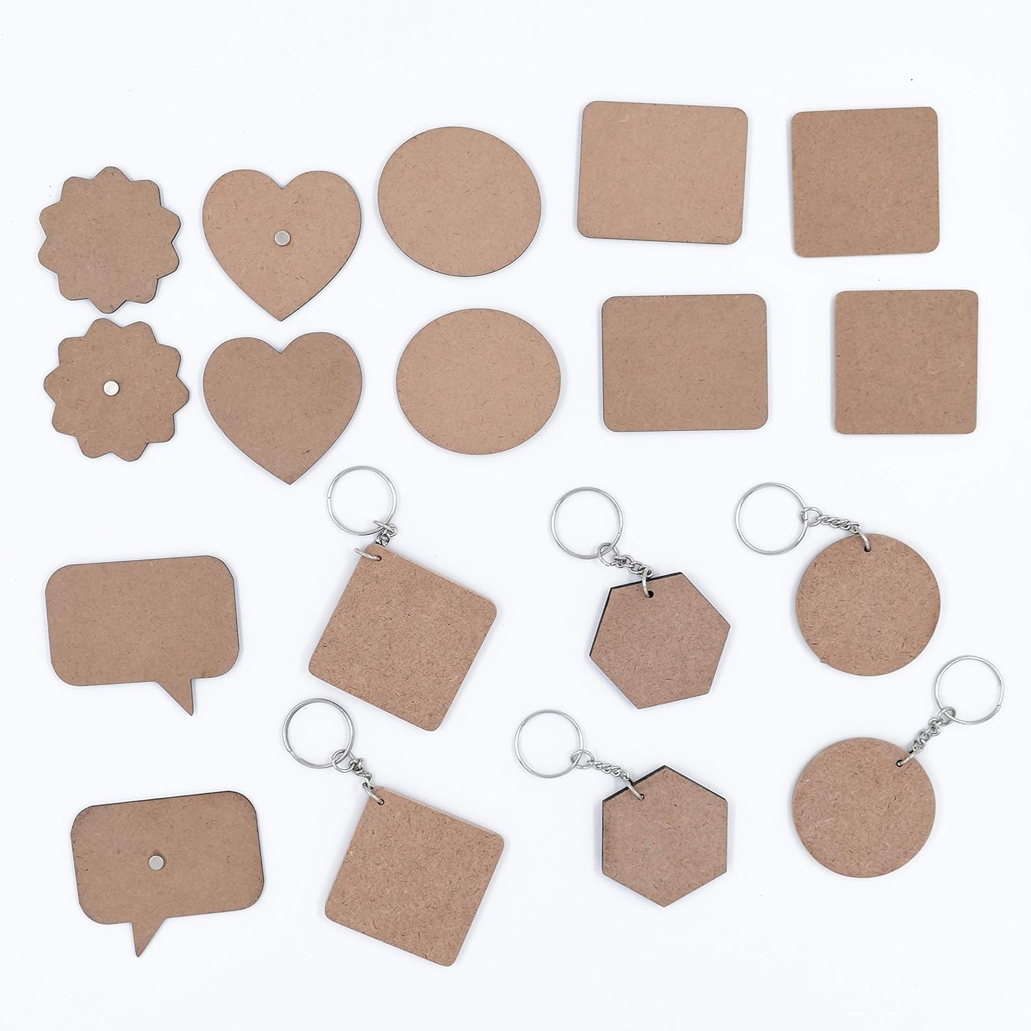 IVEI MDF Plains/Resin Pour Blanks DIY Mixed Bag - 12 Magnets and 6 Keyrings for Craft and Activities/Decoupage